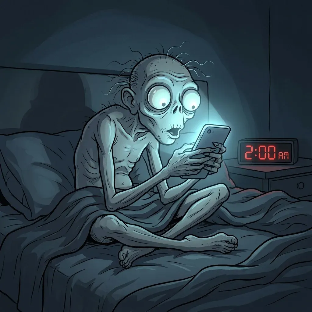 Gollum like person clutching a smartphone at 2am, whispering my precious