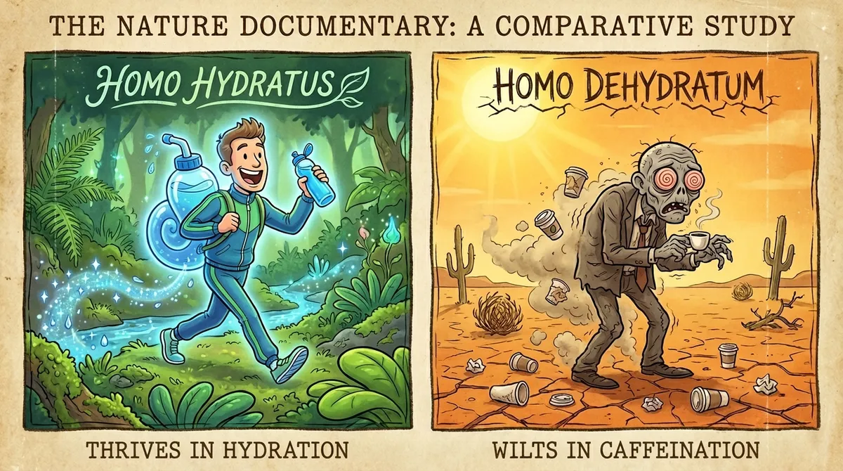 A nature documentary split screen showing a glowing Homo Hydratus with a water slug vs a jittery, grey-skinned Homo Dehydratum clutching an espresso in a desert.