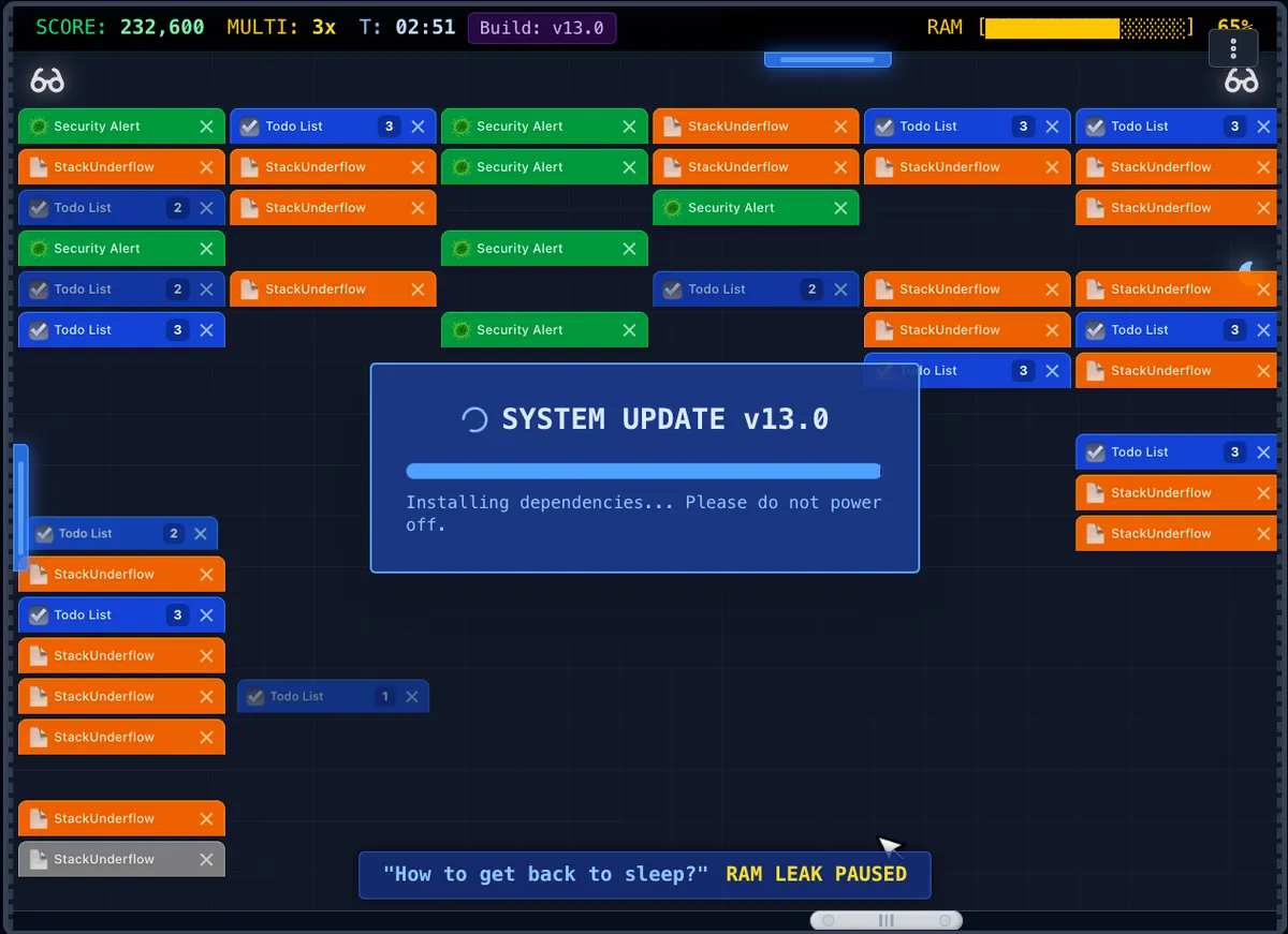 Screenshot of the Tabinator game where you frantically close tabs before running out of memory